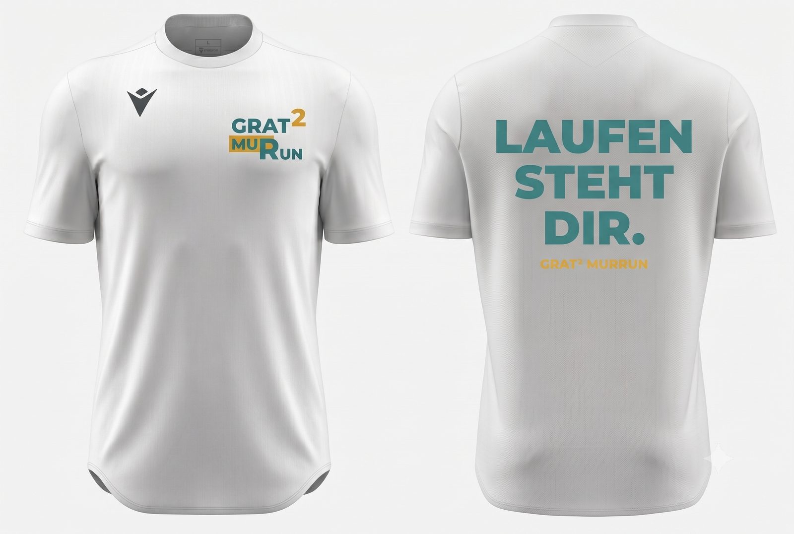 Weißes MurRun-Laufshirt: vorne das Grat² MurRun Logo, hinten der Schriftzug „Laufen steht dir.“